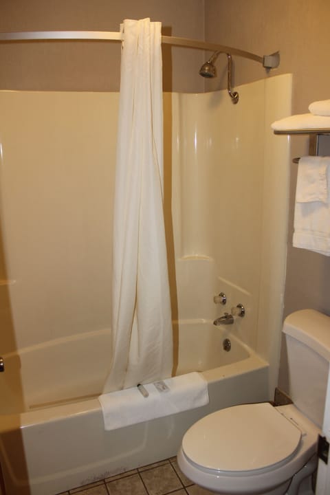 Combined shower/tub, towels, soap, shampoo