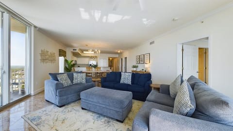 Open concept living area with coastal views