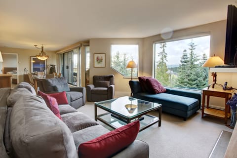 Large comfortable living room with gas fireplace, Mtn views and HD Tv
