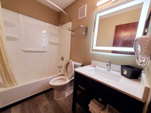 Combined shower/tub, free toiletries, hair dryer, towels