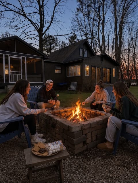 Enjoy a stunning firepit with breathtaking views and sounds of the Shenandoah River, nestled on the back side of the property, right next to the upper deck.