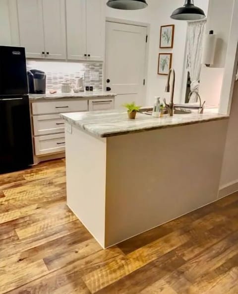 kitchen open to living area