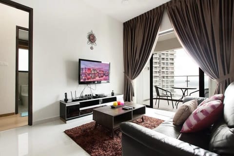 A generous living area with a balcony.