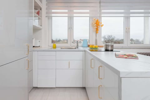 A minimalist kitchen with white cabinetry, built-in appliances, and ample natural light.