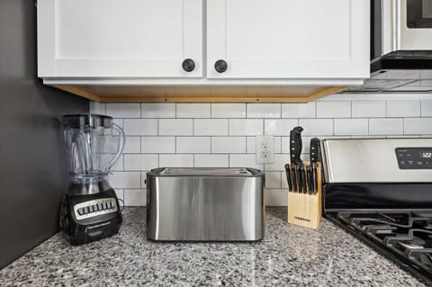 Small appliances include toaster, blender, and coffeemaker.