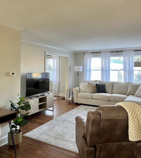 Spacious living room with smart TV