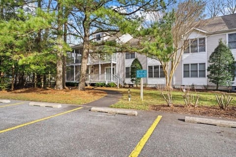 54021 Sand Dollar Court - Exteriior - Front view of the multi-level coastal building featuring white siding, large windows, and assigned parking in a wooded setting.