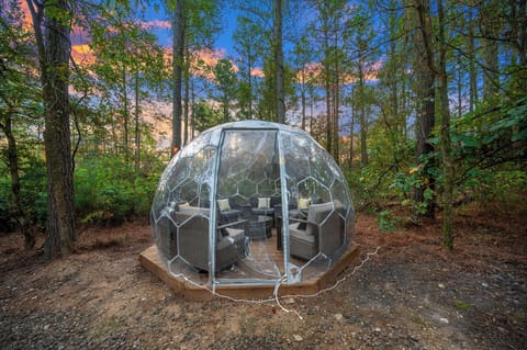 At twilight, the geodome transforms into a glowing retreat nestled among the trees.