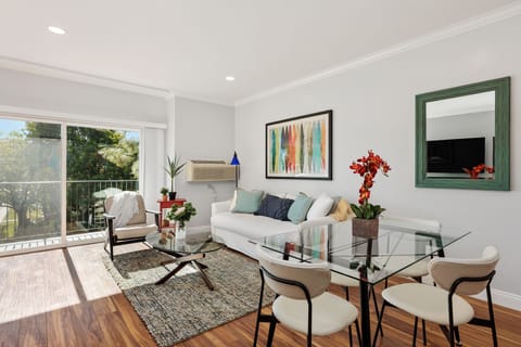 Open living, dining space