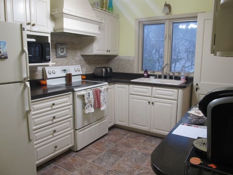 Kitchen with full stove and refrigerator