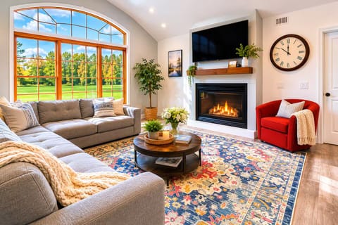 Spacious living room with fireplace, large windows, and comfortable seating.