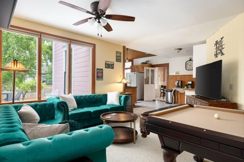 Entertainment room with large 65" TV, Bose sound system and pool table.