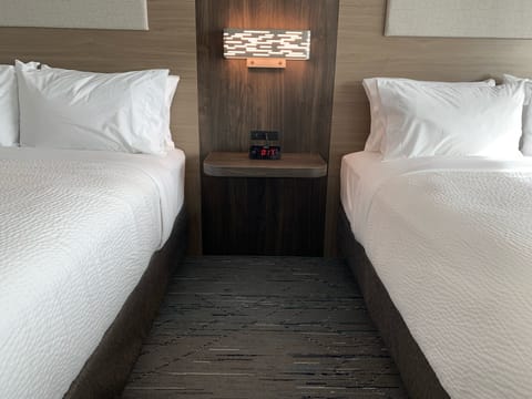 Desk, laptop workspace, blackout drapes, iron/ironing board