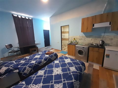 Economy Studio | Down comforters, desk, laptop workspace, iron/ironing board