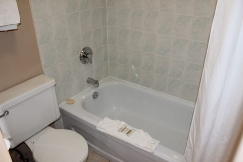 Combined shower/tub, rainfall showerhead, free toiletries, hair dryer