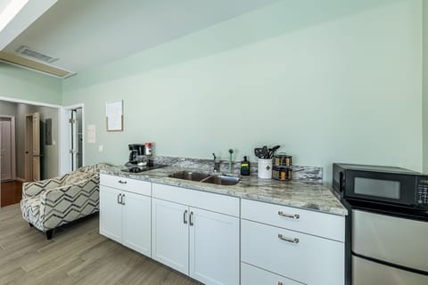 Fully stocked kitchen with induction stove.