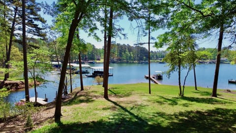 Gently sloping yard down to lake. Our dock is on the left. 