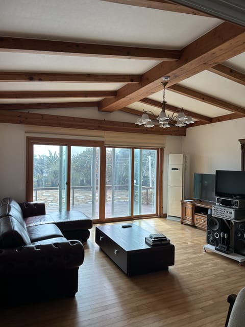 55-inch TV with cable channels, fireplace