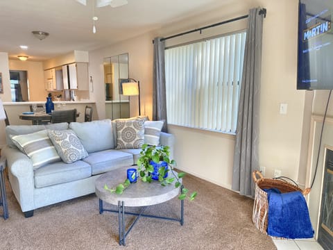 Our living room is comfortable, and features lots of seating. 