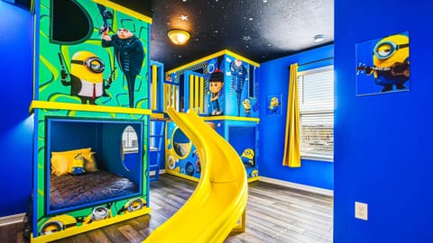 Kids will love the upstairs bedroom with a cool Minions theme.