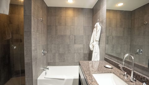 Junior Suite | Bathroom | Shower, designer toiletries, hair dryer, bathrobes