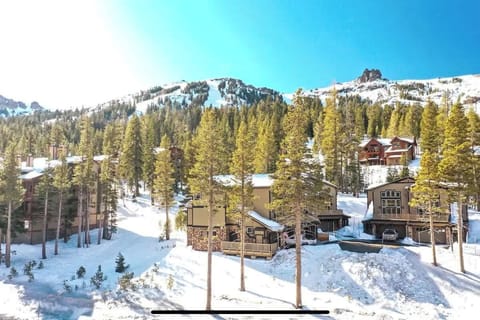 Cabin with ski runs in the background