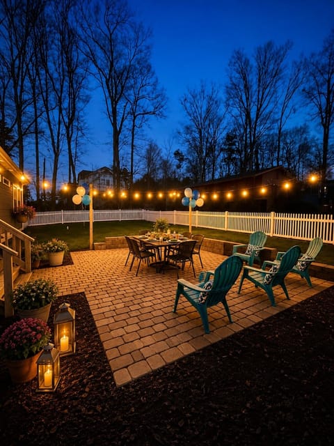 Enjoy evenings under the string lights with outdoor dining, comfortable seating, and plenty of space for the whole family to unwind.