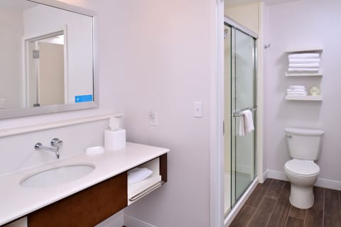 Combined shower/tub, free toiletries, hair dryer, towels