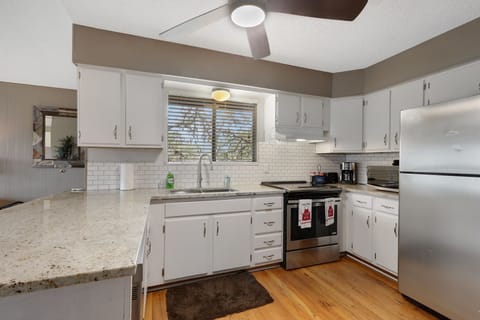 Closer view of the kitchen.