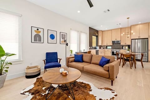 Open living with high ceilings and modern decor