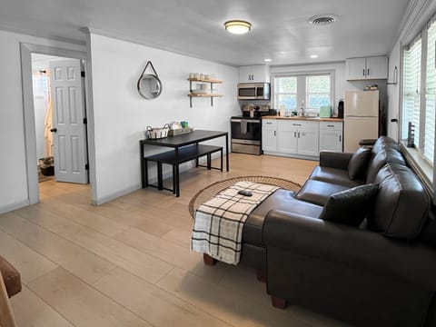 Open living space with leather sofa