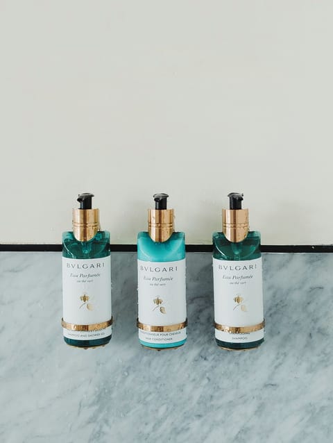 Rainfall showerhead, designer toiletries, hair dryer, bathrobes