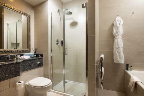 Combined shower/tub, free toiletries, hair dryer, towels
