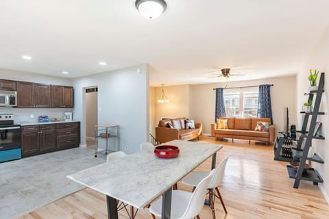 kitchen with granite countertop, marble table