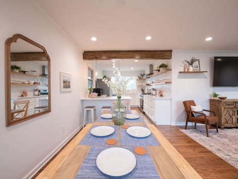 A view into the kitchen from the dining area.