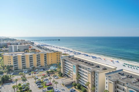 Gulf Dunes is on the east side of the island.  Close to the pier and boardwalk.
