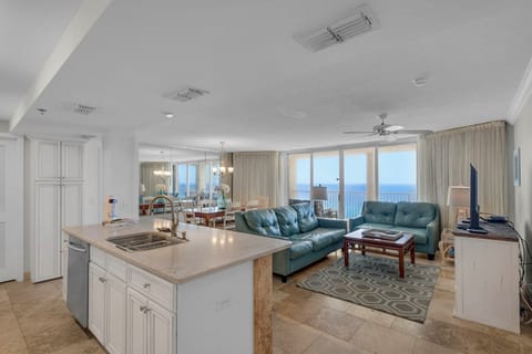 Kitchen island and living room