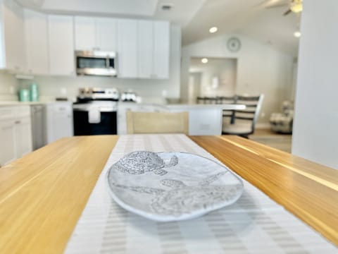 Dining table with seating for shared meals and family gatherings.