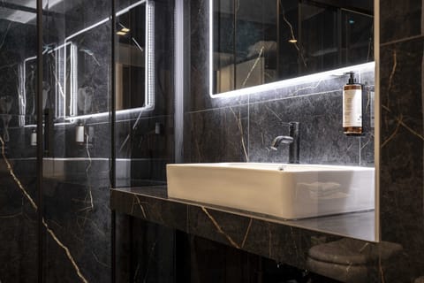 Shower, rainfall showerhead, free toiletries, hair dryer