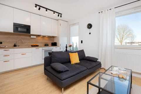 Living room with sofa bed, TV and kitchenette with dining area.
