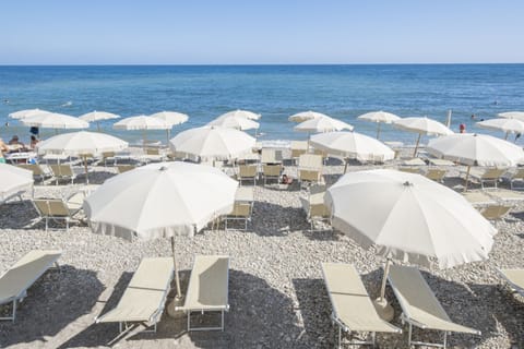 On the beach, sun loungers, beach umbrellas