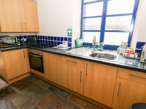 Fridge, electric kettle, toaster, cookware/dishes/utensils