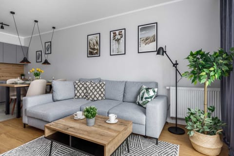 A stylish living room featuring a gray sofa, a patterned rug, and a small coffee table with a potted plant. Artwork decorates the wall, adding a modern touch.