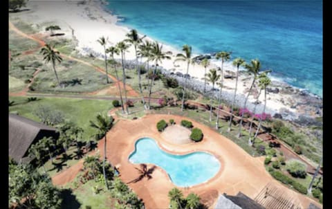 Aerial view of our property, the wonderful pool overlooking the oceanfront!