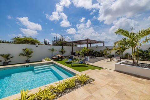 Sparkling pool, lush tropical palms, and shaded lounging create your perfect island retreat under clear blue skies.