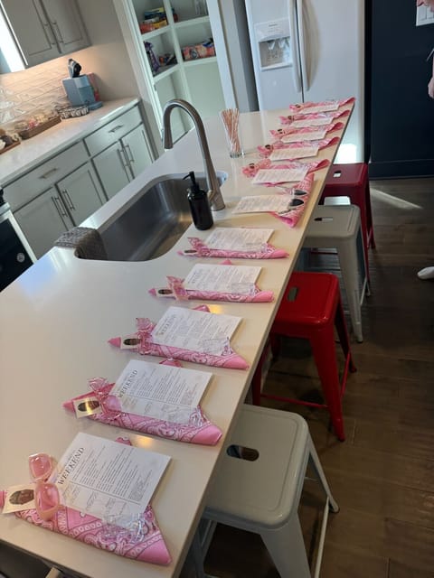 A close-up of the island setup, showing plenty of space for setting out gifts, snacks, or a DIY cocktail bar.