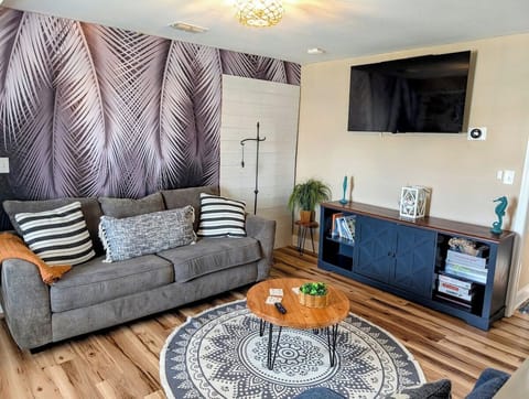 Living room with a queen size pullout couch.