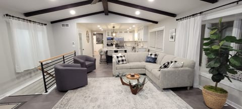Huge open concept living room & kitchen with large quartz kitchen island