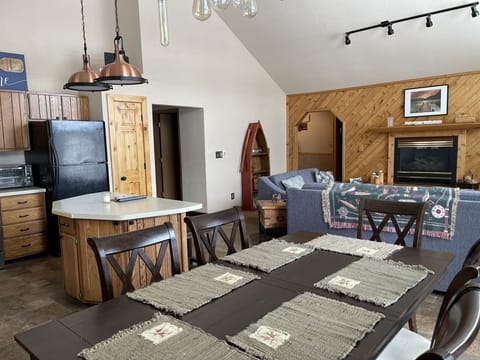 Open living room, dining room and kitchen.