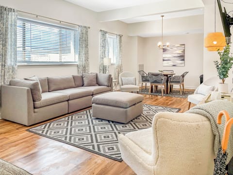 Large Living room and dining area with smart TV